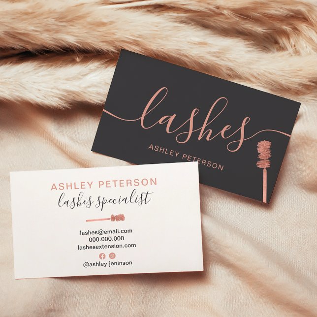 Modern chic rose gold lashes brush grey business card (Modern chic rose gold lashes brush gray business card)