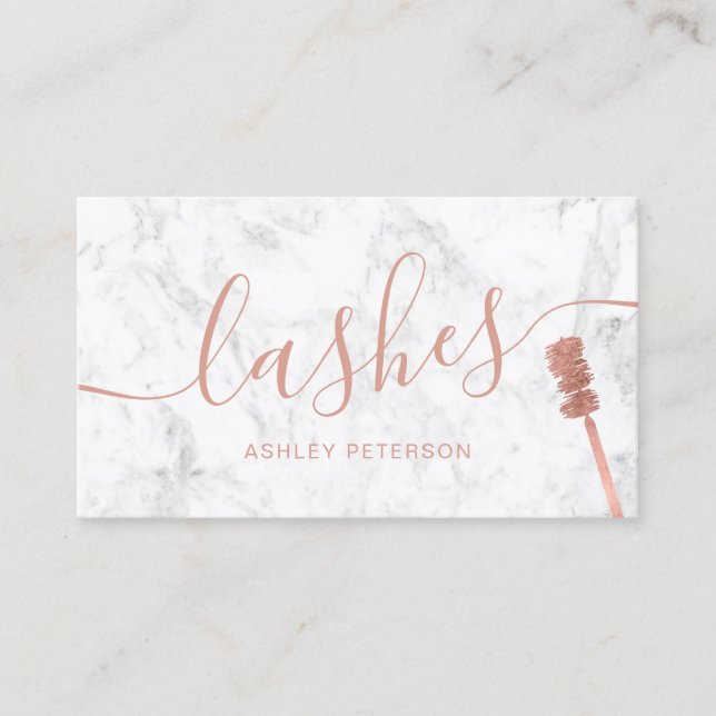 Modern chic rose gold lashes brush white marble business card (Front)