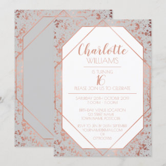 Modern Chic Rose Gold Paint Flicks 16th Birthday Invitation