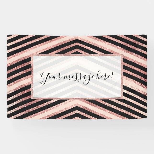 Modern Chic Rose Gold Pink Black Chevron Geo Banner (Horizontal)