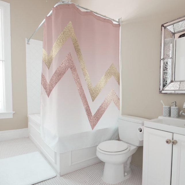 Modern Chic Rose Gold Pink Chevron Gradient Shower Curtain (In Situ)