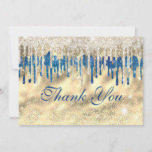 Modern Chic Royal Blue Gold Glitter Drips Thank You Card