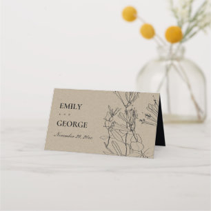 MODERN CHIC RUSTIC KRAFT BLACK LINE DRAWING FLORAL PLACE CARD