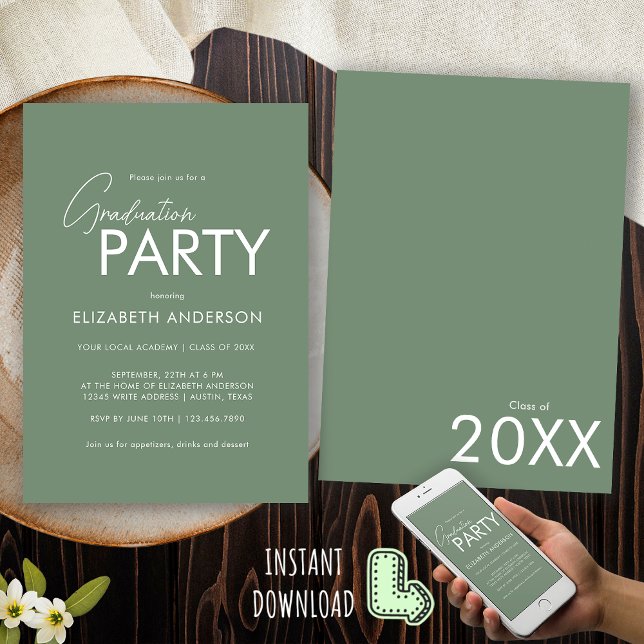 Modern Chic Sage Green Typography Graduation Party Invitation (Creator Uploaded)