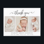 Modern Chic Script Baby 3 Photo Collage Thank You Postcard<br><div class="desc">Modern Elegant Chic Script 3 Photo Collage Newborn Baby Thank You Birth Announcement Postcard. Features a pretty "thank you" text in a handwritten calligraphy swirly swash tail font script in black and white. Pre-made personal message and birth statistics with baby's name are included. Great for baby girl or baby boy....</div>