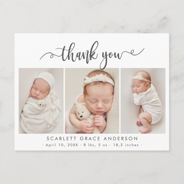 Modern Chic Script Baby 3 Photo Collage Thank You Postcard (Front)