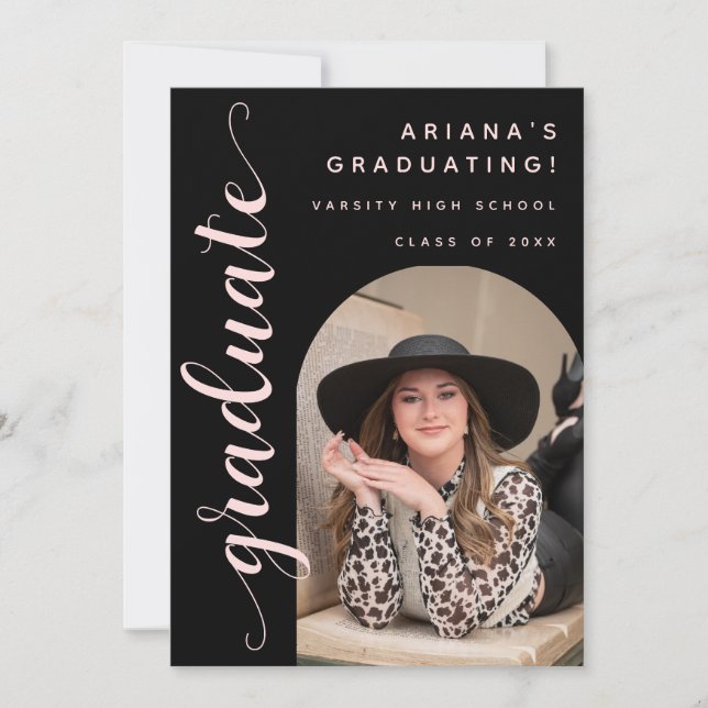 Modern Chic Script Black & Pink Graduation Party Invitation (Front)