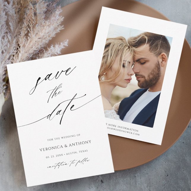 Modern Chic Script Black & White Photo Save The Date (Creator Uploaded)