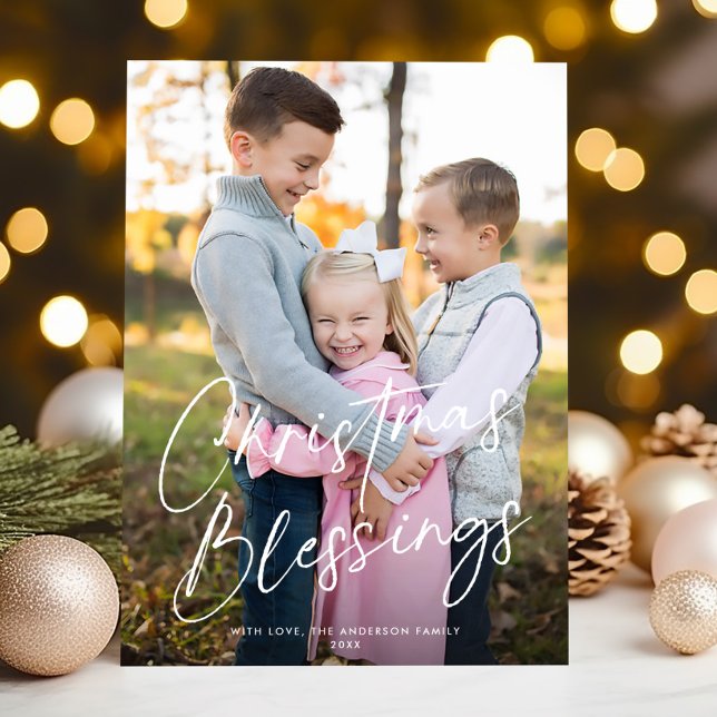 Modern Chic Script Christmas Blessings One Photo Holiday Card (Creator Uploaded)
