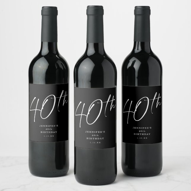 Modern Chic Script Fortieth 40th Birthday Party Wine Label (Bottles)