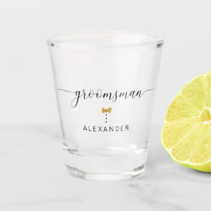 Modern Chic Script Groomsman Gold Bow Tie Name Shot Glass