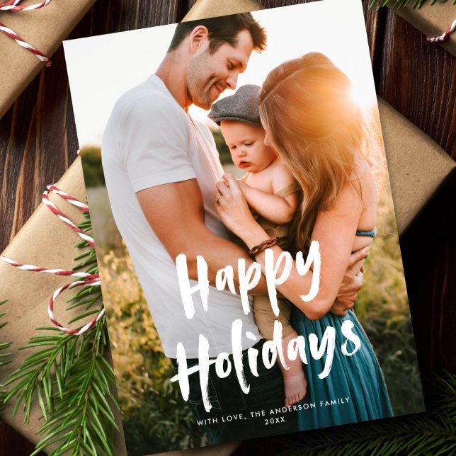 Modern Chic Script Happy Holidays One Photo Holiday Card (Creator Uploaded)