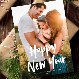 Modern Chic Script Happy New Year One Photo Holiday Card