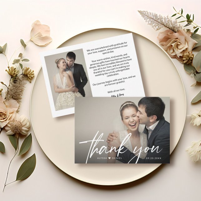Modern Chic Script Heart Wedding Photo Thank You Card (Modern bride 2 photos thank you wedding cards.)
