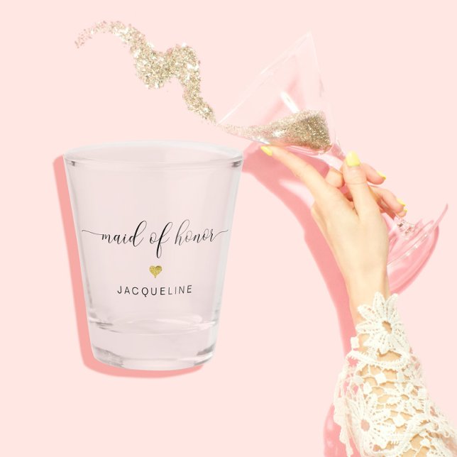 Modern Chic Script Maid of Honor Gold Heart Name Shot Glass (Creator Uploaded)