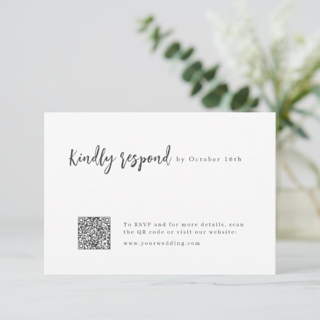 Modern Chic Script Minimalist Wedding QR code RSVP Card (Standing Front)