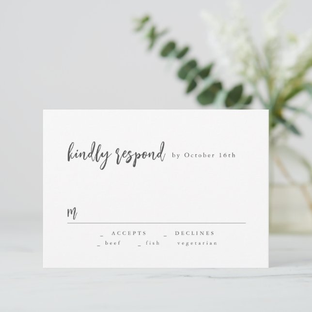 Modern Chic Script Minimalist Wedding RSVP Card (Standing Front)