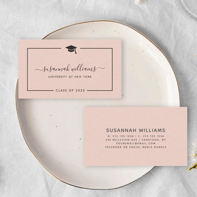 Modern Chic Script Rose Graduation Calling Card (Two elegant, pale pink graduation business cards with cursive text and grad cap on a white plate.  )