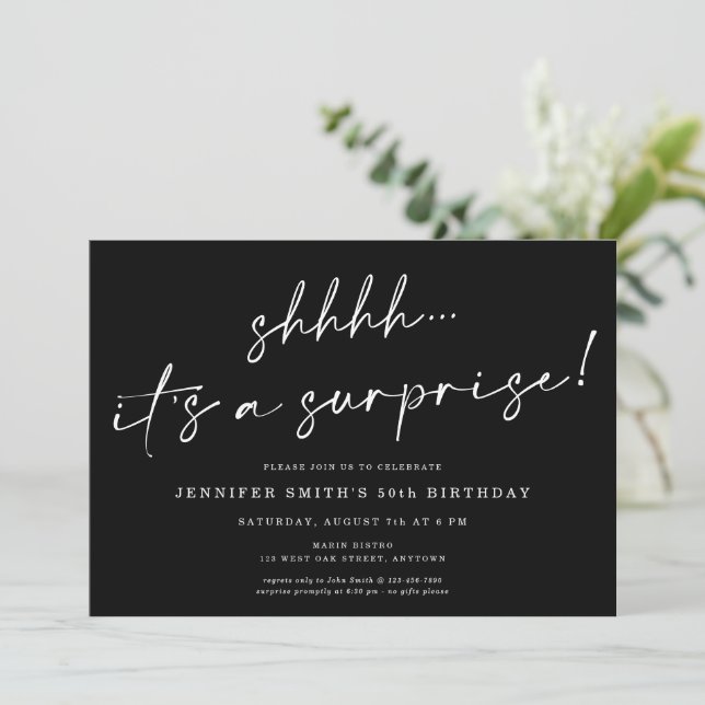 Modern Chic Script Shhhh Surprise Birthday Party  Invitation (Standing Front)