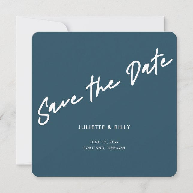 Modern Chic Script Teal Blue Green Square Save The Date (Front)