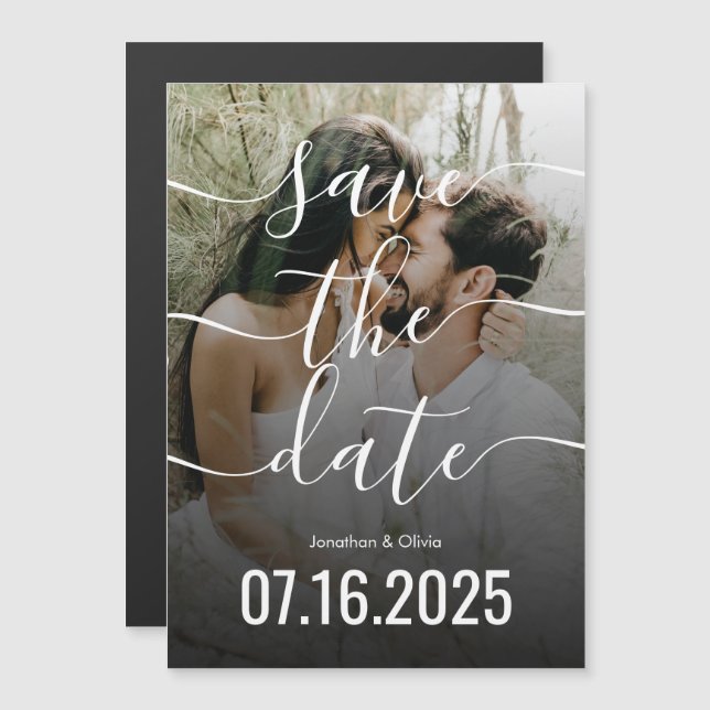 Modern Chic Script Typography Photo Save the Date Magnetic Invitation (Front/Back)