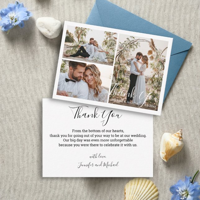 modern chic script wedding 3 photos thank you card (Creator Uploaded)