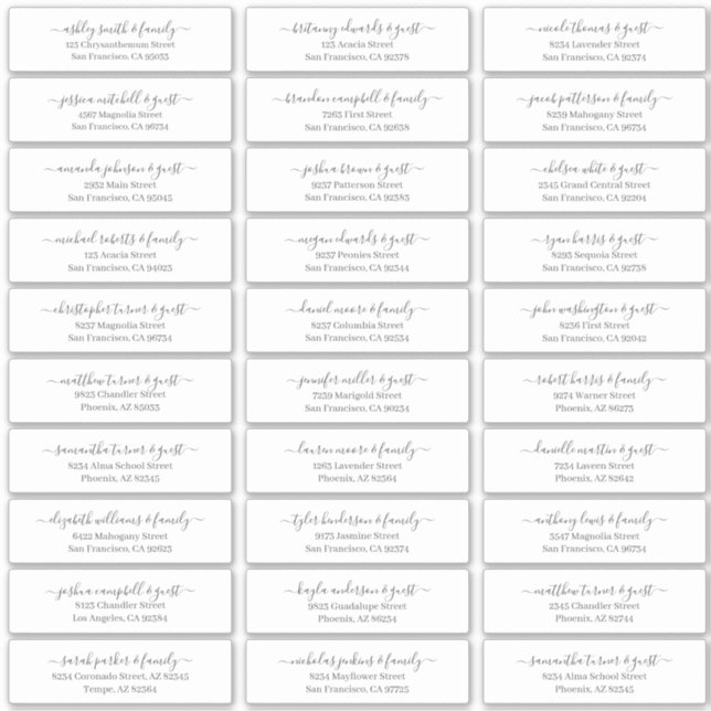 Modern Chic Script Wedding Guest Names Address (Front)