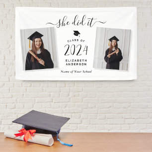 Modern Chic She Did It Graduate 2 Photo Graduation Banner