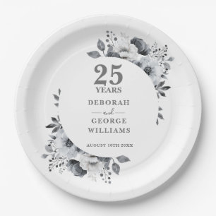 Modern Chic Silver 25th Wedding Anniversary Paper Plate