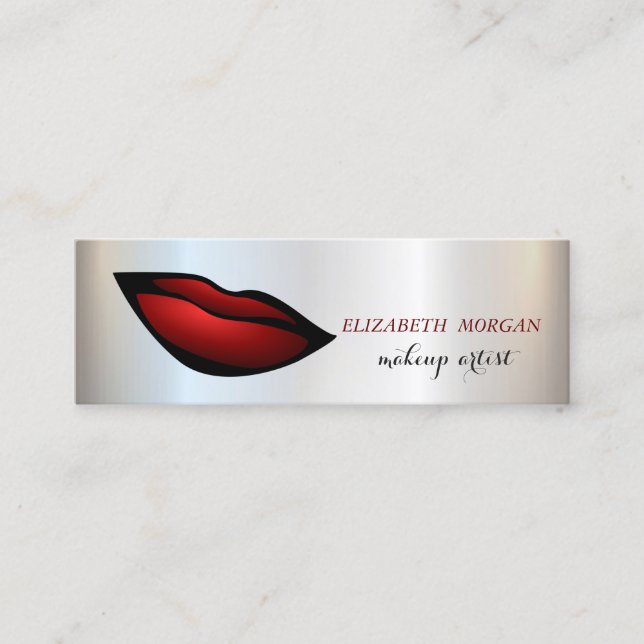Modern Chic Silver, Red Lips, Makeup artist Mini Business Card (Front)