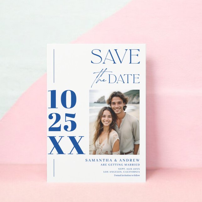 Modern chic simple bold script blue white wedding save the date (Modern chic simple bold script blue white wedding save the date)