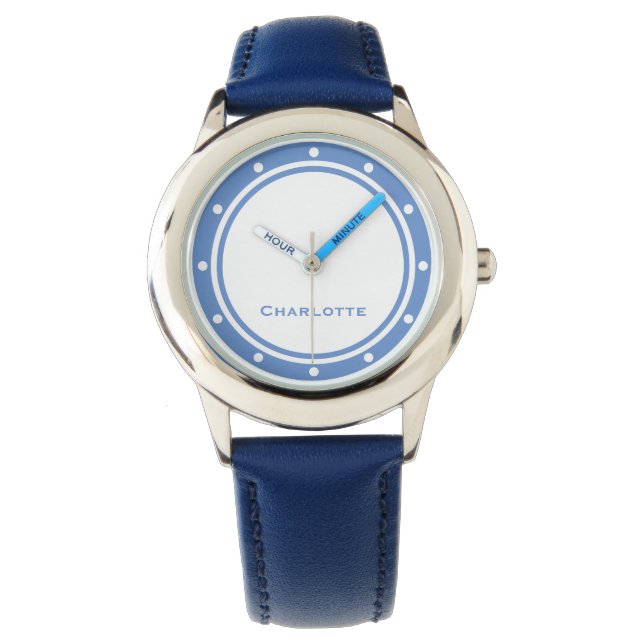 Modern Chic Simple Minimalist Blue Custom Name Watch (Front)