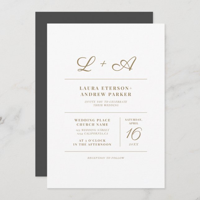 Modern chic simple minimalist gold initial wedding invitation (Front/Back)