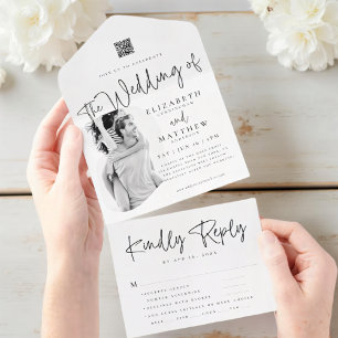 Modern Chic Simple Photo QR Meal Option Wedding  All In One Invitation