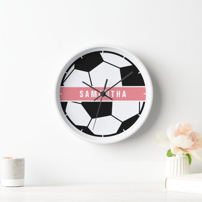 Modern Chic Soccer Ball Girly Pink Sports Monogram Clock (Home)