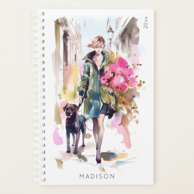 Modern Chic Stylish Woman Floral Dog Lover Planner (Front)