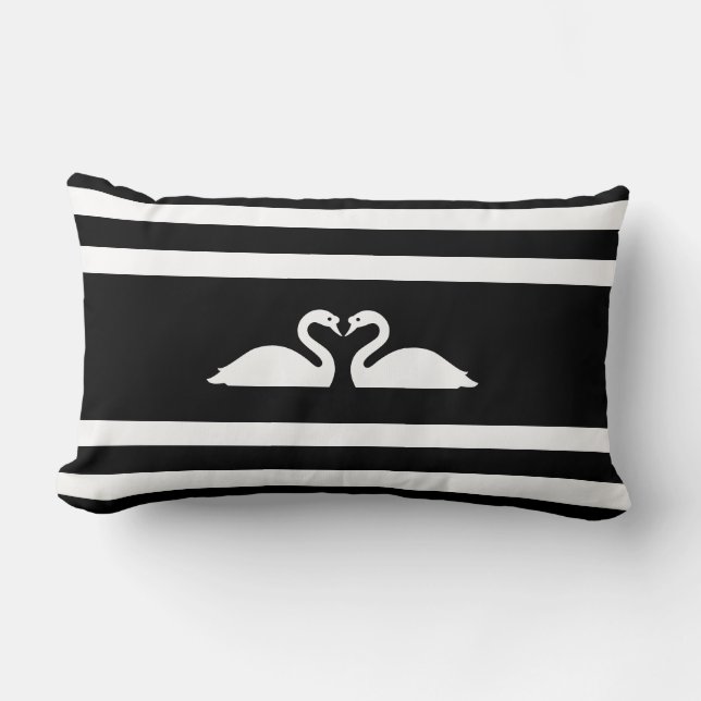 Modern chic swan couple on black & white striped lumbar cushion (Front)