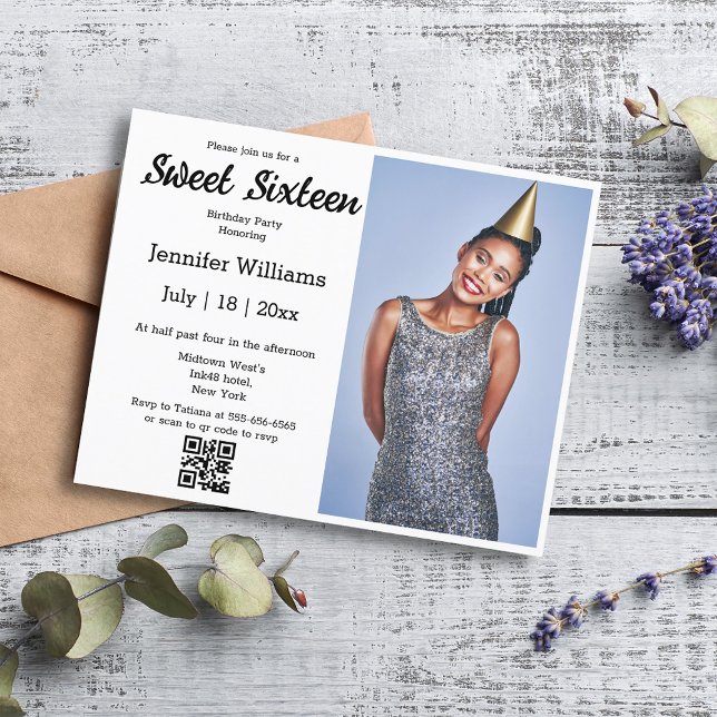 modern chic sweet sixteen qr code photo invitation (Creator Uploaded)