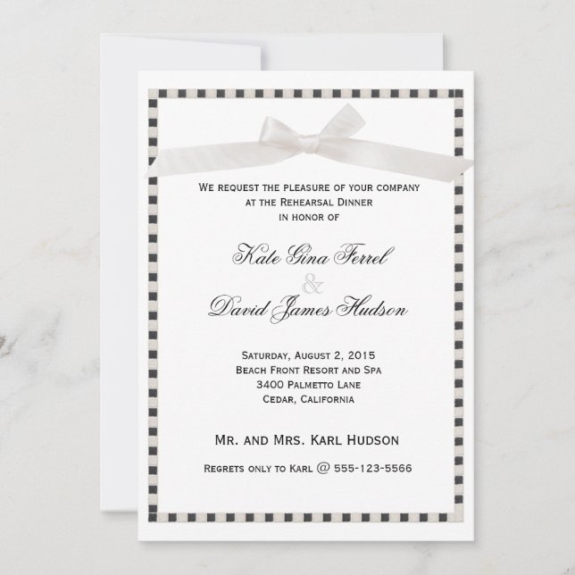 Modern Chic Taupe Satin Ribbon Rehearsal Dinner Invitation (Front)