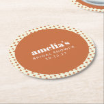 Modern Chic Terracotta Dots Bridal Shower Custom Round Paper Coaster<br><div class="desc">Add a fun and personalised touch to your bridal shower with these adorable coasters! The design combines a warm terracotta centre with elegant white text, framed by a playful cream geometric circle pattern that blends retro charm with modern style. Perfect for boho, rustic, or vintage-inspired themes, these coasters aren’t just...</div>