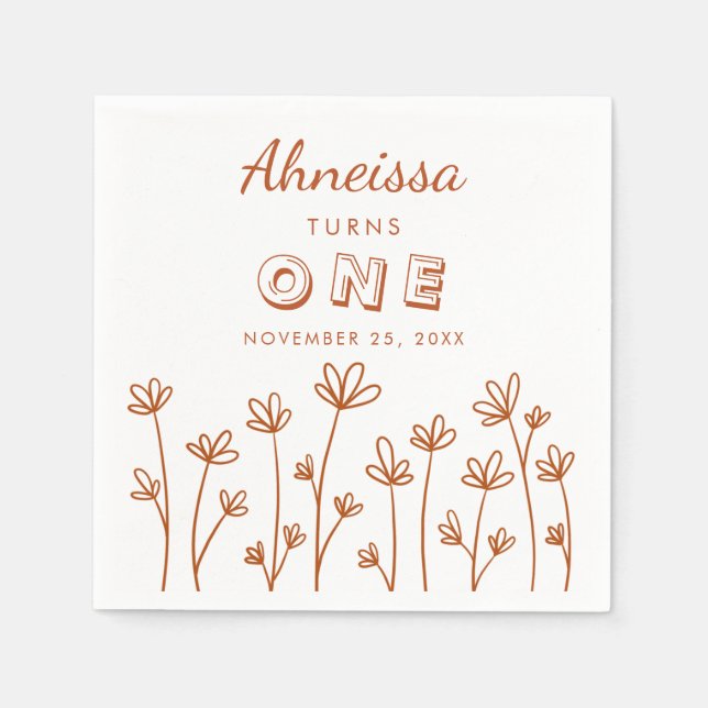 Modern Chic Terracotta Flowers First Birthday Napkin (Front)