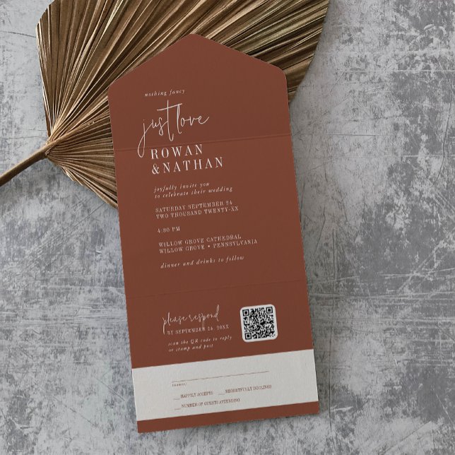 Modern Chic Terracotta Just Love QR Code Wedding All In One Invitation (Creator Uploaded)