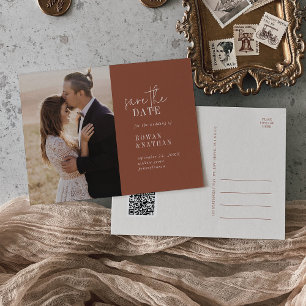 Modern Chic Terracotta Rust QR Code Save the Date Invitation Postcard