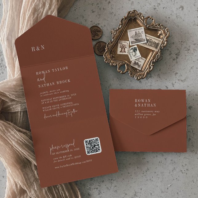 Modern Chic Terracotta Rust QR Monogram Wedding All In One Invitation (Creator Uploaded)