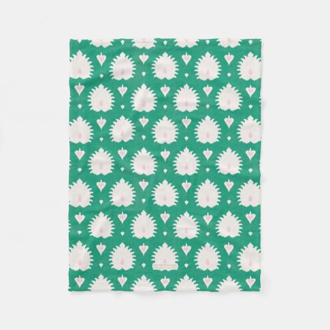 Modern chic textured green pink ikat pattern fleece blanket (Front)