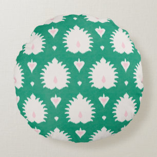 Modern chic textured green pink ikat pattern round cushion