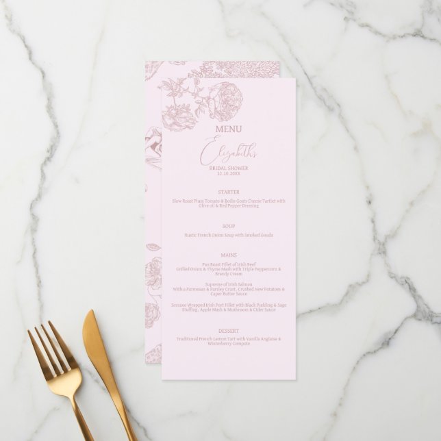 Modern Chic Toile de Jouy Picnic Bridal Shower Menu (Front/Back In Situ)