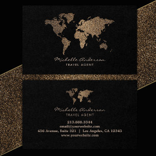 Modern Chic Travel Agent World Map Gold glitter  Business Card