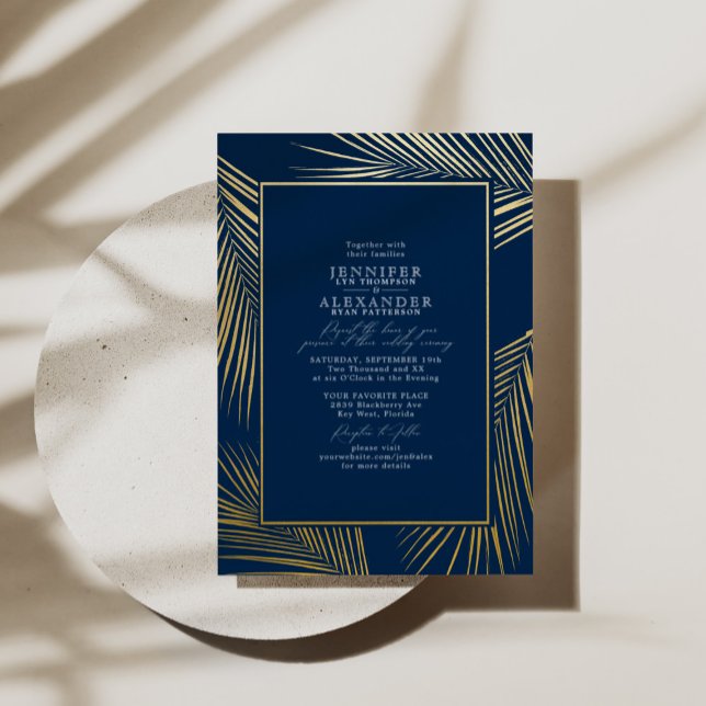 Modern Chic Tropical Beach Palm Wedding Navy Gold  (Creator Uploaded)