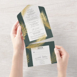 Modern Chic Tropical Gold Palm Dark Green Wedding All In One Invitation